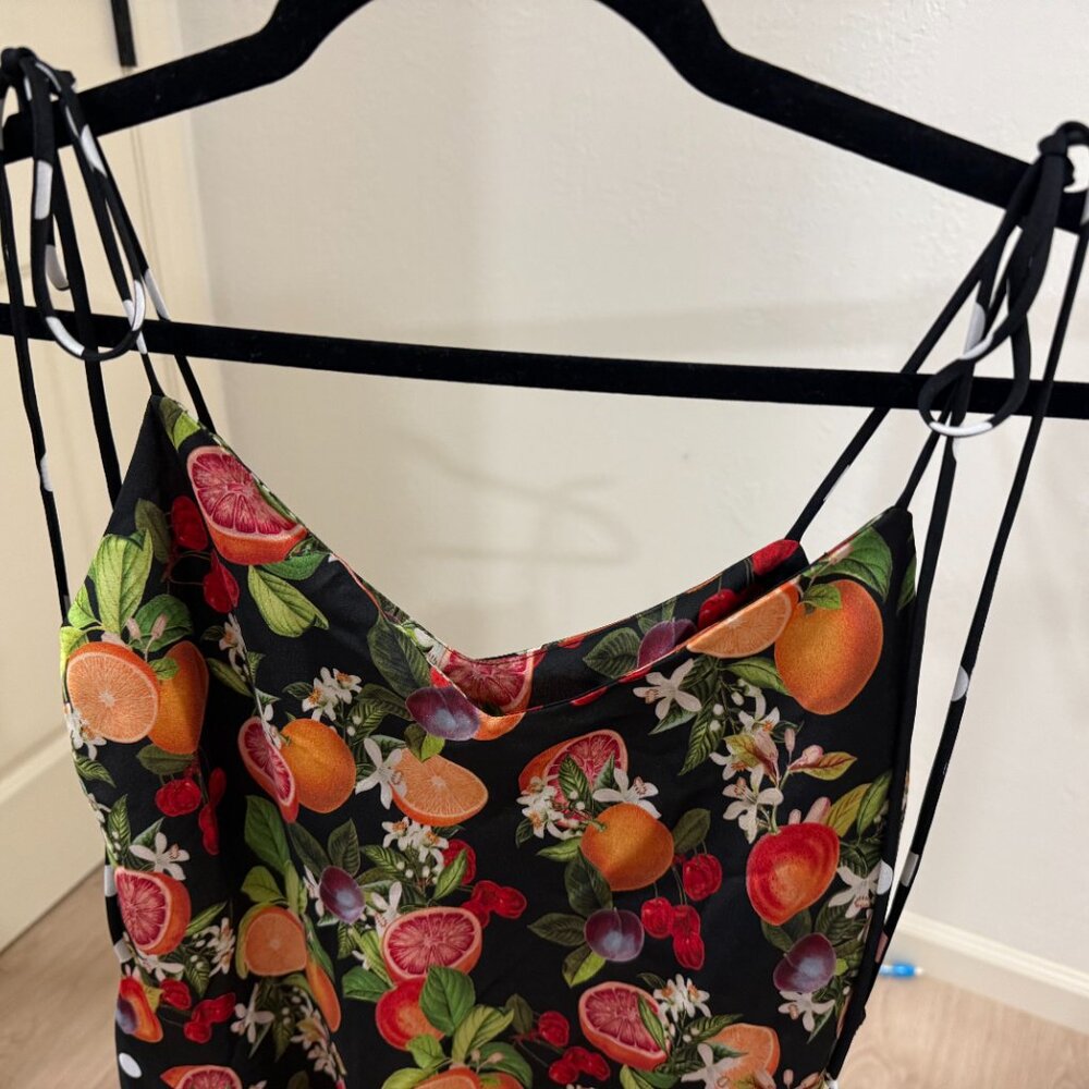 Show Me Your MuMu Uptown Tie Mini Dress in a black fruit and polka dot print - Picture 6 of 8